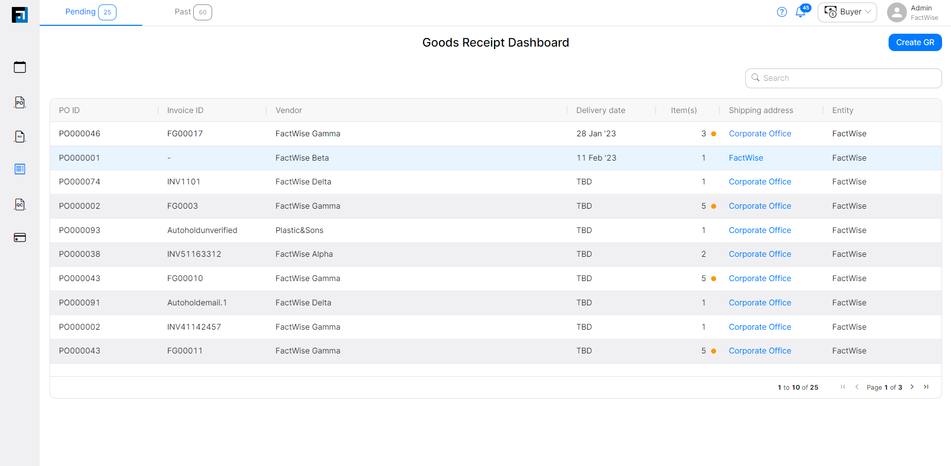 Create GR for FactWise Invoices